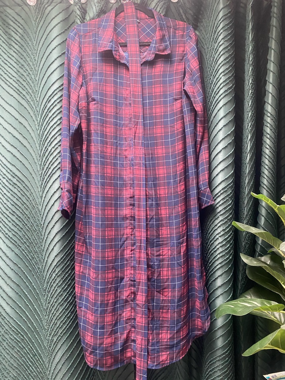 City Chic Navy and Red Plaid Long-Sleeve Shirt Dress